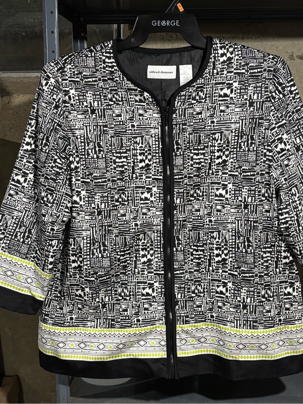 Alfred Dunner Black & White Patterned Zip-Front Jacket with Lime Trim